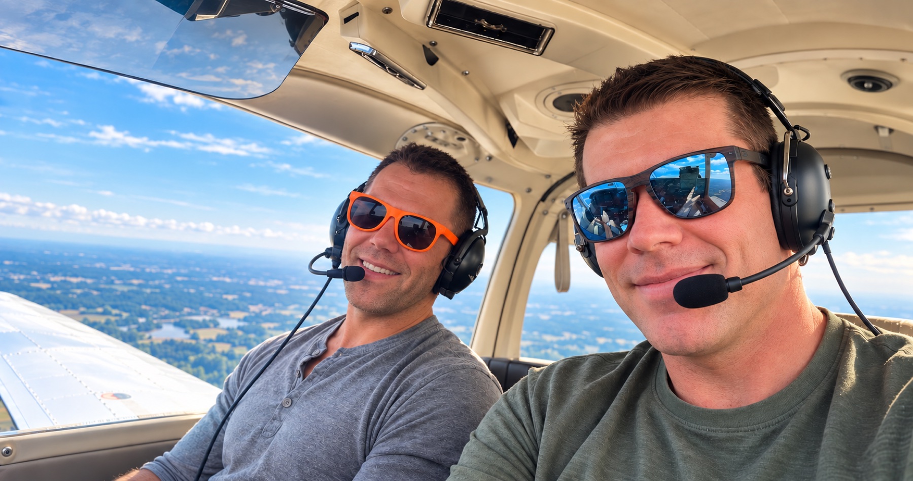 Steve and Josh wearing headsets in the cockpit, with blue skies outside